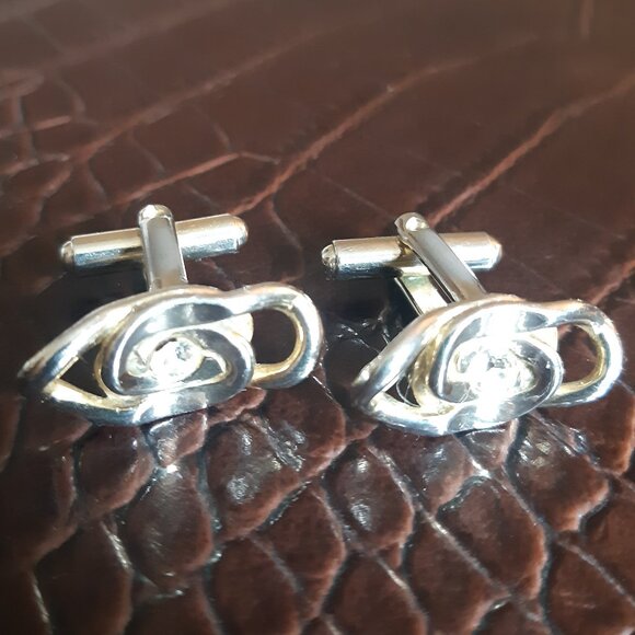 Vintage Loops With Rhinestones Silver Tone Cuff Links ⚡️BUY 3 for $55⚡️ - Picture 7 of 11